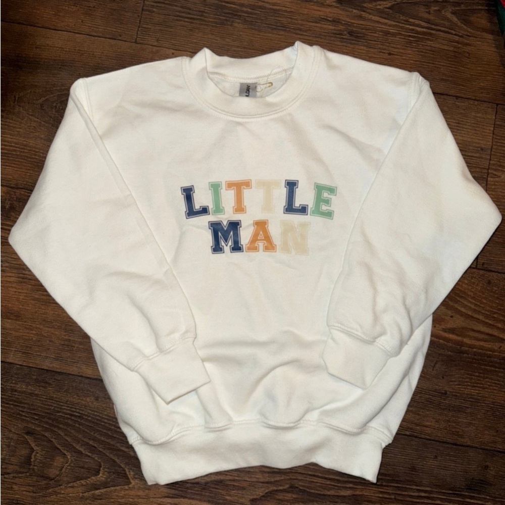 Gildan White Crewneck Sweatshirt with Colorful 'Little Man' Design